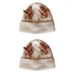 Berets 2 Pc Antlers Knit Beanie Woollen Hat Knitted Cap Christmas Hedging Warm Parent-child