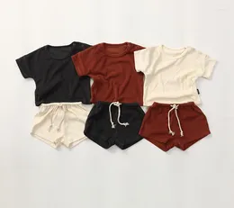 Clothing Sets Kids For Girls Short Sleeve T-shirt Shorts Nordic Summer Pure Cotton Solid Colour Simple Belt O-neck Unisex All Match