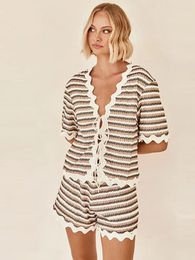 Women's Tracksuits Striped Holiday Knitted Suits Women Female V-neck Lace Up Short Sleeve Top And High Waist Shorts 2 Pieces Set Casual 2024