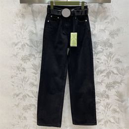 Black Women Jeans Pants High Waist Straight Trousers With Belt Luxury Designer Denim Pants