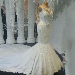 Stunningbride 2024 Luxury Sexy White Mermaid Wedding Dresses Round Neck Applique Lace Bridal Gown Sleeveless Neckline Beading Sweep Train