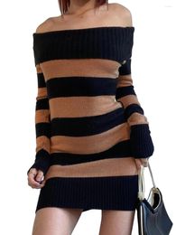 Casual Dresses Women's Autumn Winter Mini Dress Long Sleeve Off Shoulder Knit Striped Sweater Streetwear