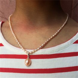 Hand knotted natural white pink purple 3-4mm small rice type freshwater pearl pendant necklace 43cm