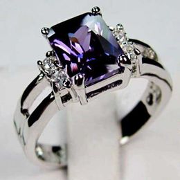 Jewellery Purple Blue Rectangle Zircon Stone with Cutout on Both Sides for Fashion Women's Ring