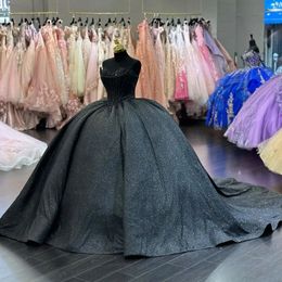 Black Shiny Off The Shoulder Quinceanera Dresses Tulle Beading Pageant Lace Up Vestidos De 15 Anos 2024 Princess Ball Gown