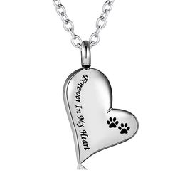 Stainless Steel Silver Paw print Cremation Jewelry Pet Dog Cat Forever in My Heart Ashes Keepsake Urns Pendant Necklace for Women3148