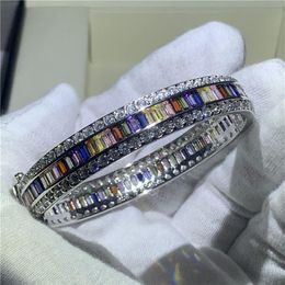 Luxury Jewelry Bangle 925 Sterling Silver Multi Diamond Cubic Zircon Full Princess Cut CZ Charm Women Wedding Bangle Gift202e
