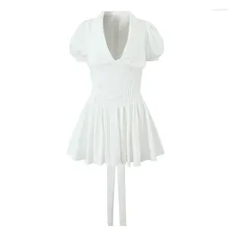 Party Dresses YENKYE Summer Women Vintage Puff Sleeve Lapel Collar White Mini Dress Tie Bow Sashes Pleated Hem Female Cotton Robe