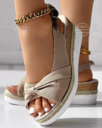 Sandals Wedge Women Bowknot Decor Buckled Slingback Strap Peep Toes Thick Sole Sloping Heels Shoes Buckle Bow Flat Shoe