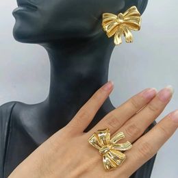 Necklace Earrings Set 2pcs Bow-knot Jewellery For Women 18k Gold Plated Earring Adjustable Rings Geometric Accessories Anniversary Gifts