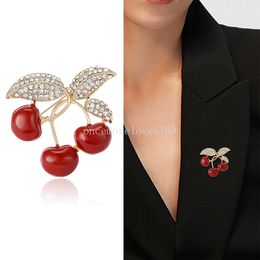 New Rhinestone Brooches Cherry Fruit Brooch Metal Lapel Pins Anti-glare Fixed Sweater Clothing Accessories