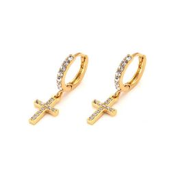 Solid Gold GF Fine Charm många CZ Inlay Cross Earrings for Women Girl Special Design Christian Party Jewelry God Bless Women2466