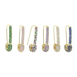 Whole Rainbow Colourful Wedding Earring Paved White Pink Green Blue Cz Unique Paperclip Safety Pin Stud Earings Women Fashion J2845