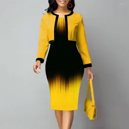 Two Piece Dress 2 Pcs/Set Coat Suit Gradient Colour Formal Business Long Sleeve Cardigan Sheath Midi Autumn Winter Set