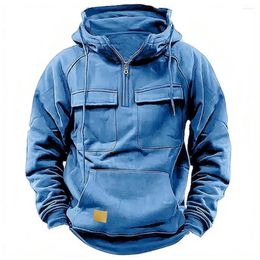 Men's Hoodies Men Winter Hoodie Fall With Drawstring Solid Colour Big Patch Pocket Loose Fit Pullover Top Half Zipper