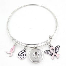 New Arrival Snap Jewellery Hope Ribbon Breast Cancer Awareness Pink Ribbon Angel Wing Charm Expandable Adjustable Wire Snap Bangles 314a