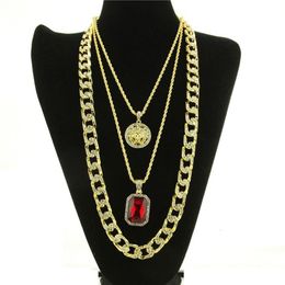 Fashion-Hop Necklace Jewellery New Ruby Pendant Necklace 3Pcs Set Fashion Cuban Link Chain Jewellery Set247Q