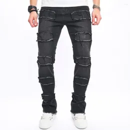 Men's Jeans Autumn Streetwear Men Hip Hop Spliced Patches Straight Trousers Male Solid Casual Slim Denim Pants