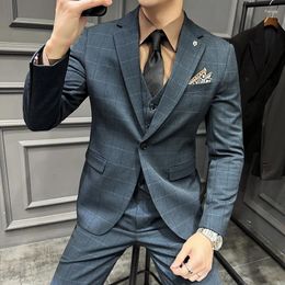 Men's Suits 2023 High-grade Yarn-dyed Fabric (suit Vest Trousers) Wedding Fashion All-in-one Plaid Suit Three-piece Green