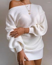 Casual Dresses Sweet And Fresh Women Sweater Dress 2023Autumn Winter Long Sleeve Cold Shoulder Lantern Commuting Style Knit