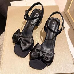 Sandals Fairy Style Thick Heeled 2023 Summer Bow Square Head Sexy One Line Buckle With Skirt High Heels