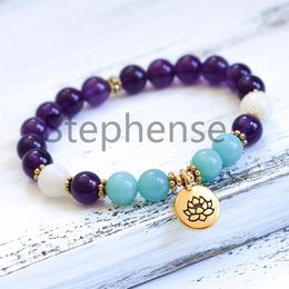 MG0697 8 mm Aquamarine Amethyst Bracelet Natural Moonstone Gemstone Energy Bracelet New Design Women's Chakra Yoga Mala Bracelet314P