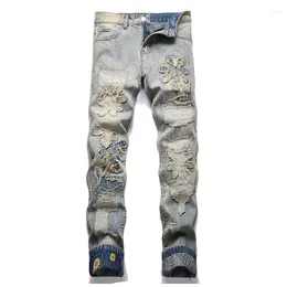 Men's Jeans Mcikkny Men Vintage Flower Embroidery Pants Washed Patchwork Hip Hop Denim Trousers Slim Fit