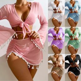 2024 New conservative four piece set from Europe and America, solid color tassel cover up, mesh short skirt, bikini swimsuit for women