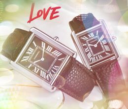 Couple Square Quartz Movement Watches Black Brown Leather Stainless Steel Super Clock men lovers women ultra thin bracelet waterproof roman tank dial watch gifts