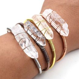 Wire Wrap Raw Mineral Crystal Stone Bangles Natural Stone Clear Quartz Bangles Bracelets Open Cuff Copper Bangles Female Jewellery Q274Z