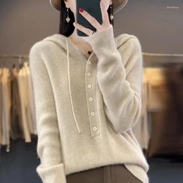 Women's Sweaters 23 Autumn Winter Woolen Sweater Hooded Long Sleeve Pullover Pure Wool Solid Color Reduced Age Knitted Cardigan