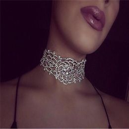 Bling Choker Necklace with Full Rhinestones Gold Silver Chain Punk Wide Collar Necklace Top Gift for Women 2 Colours 6 Pcs259P