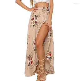 Skirts Floral Print Long Skirt Women Casual Boho Beach Summer Maxi Female Button Split Streetwear Tassel Sexy 2023