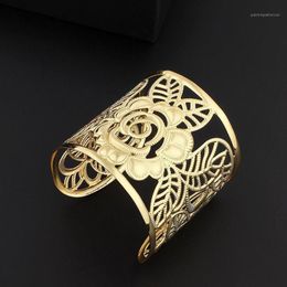 Bangle Hollow Wide Cuff Rose Flower Bracelet Bangles For Women Alloy Open Big Female Fashion Jewellery Accesorios Mujer1246r