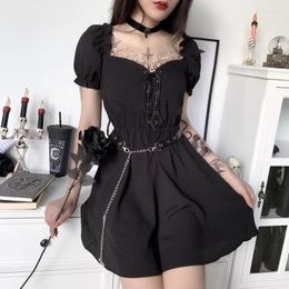 Party Dresses Black Sexy Slim Pleated Corns Lace Up Dress Women's Bubble Sleeve Waist Swing Skirt Summer 2023