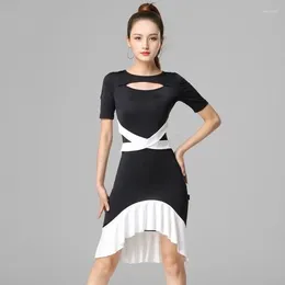 Stage Wear Black Latin Dance Dress Ice Silk Fabric Woman Practise Skirt Short-sleeve Sexy Dresses Professional Performance Suit