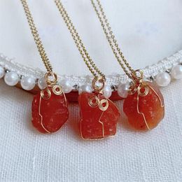 Pendant Necklaces 15-20mm Small Natural Stone Necklace Steel Chain Wire Wrap Rock Raw Red Agates Carnelian Crystal Women Femme2086