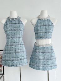 Casual Dresses Small Fragrance Fashion Beads Tweed Sexy Slim Halter Sleeveless Bodycorn Dress Korean Elegant Waist Mini 2023