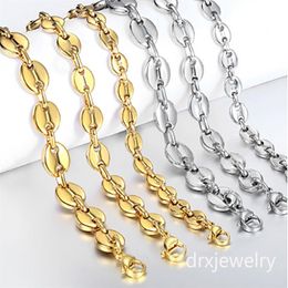 Men Woman 8MM 18K Gold Plated Stainless Steel Coffee Bean Oval Necklace Chain Marina Link Chain Bracelet Hip Hop Jewelry233Z