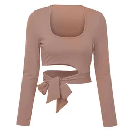 Women's Blouses Solid Colour Short Tops Casual Strappy Cropped Pullover Long Sleeve Square Neck Shirt Ladies Clothing