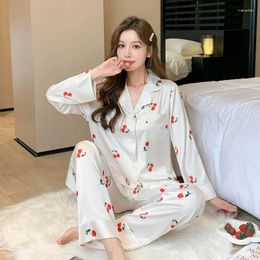 Women's Sleepwear Spring Summer Ice Silk Pyjamas Printed Long Sleeved Lapel Set Thin Home Clothing Two-piece Nightwear Homewear