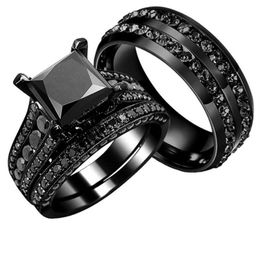 Couple Rings - Men's Titanium Steel Zircon Ring and Women's 14kt Black Gold Filled Black Sapphire Ring Bridal Wedding En315Q