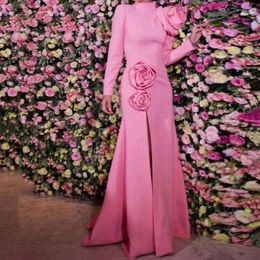 Hand Made Flowers Pink Prom Dresses Front Split High Neck Long Sleeves Simple Formal Evening Gowns Sweep Train Modern Special Occasion Dress
