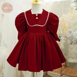 Girl Dresses Born Baby Princess Christmas Red Puff Long Sleeve Infant Toddler Child Bow Vintage Winter Evening Gown 12M-14Y