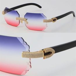 2022 New Factory Whole Micro-paved Rimless Luxury Diamond Set Sunglasses Black Buffalo Horn Sun Glasses Rocks Metal Frame Male294u