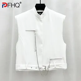 Men's Vests PFHQ Fashion Casual Vest For Men Metal Chain Stand Collar Single Breasted Sleeveless Jackets Summer 2023 Tide 21F3838