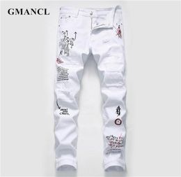 New Men Streetwear personality Ripped printed white skinny Jeans Hip Hop Punk Casual motorcycle stretch denim jeans trousers CX2009479277