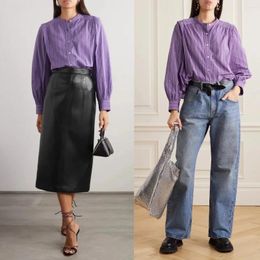 Women's Blouses Women Shirt Cotton Purple Stripes Round Neck Long Sleeve Top Ladies Single Breasted Blouse 2024 Spring