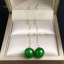 Newest Minimalist Jade Gemstone Jewellery Eardrop Gold 10Mm Natural Spinach Green Hetian Jasper Pendant Earring