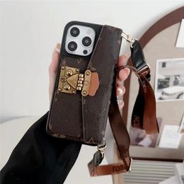 Fashion Designer Card Holder Crossbody iPhone Cases for iPhone 15 15promax 15pro 14plus 14promax 14 13promax 13pro 13 12pro 12 11 Luxury Leather Cover Lanyard 21116